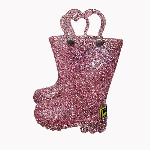 Western Chief Kids Size 5 Pink Confetti Shimmer Glitter Light Up Rain Boots - Picture 3 of 7